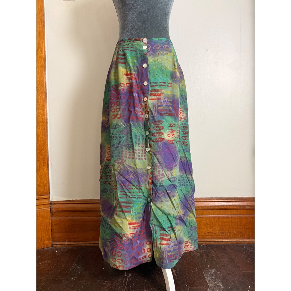 Rexx Ltd Vintage Abstract Geometric Button flowy Maxi‎ Skirt boho euro summer M